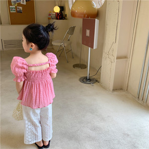 韩国儿童雪纺露背衬衣夏款女童宫廷泡泡短袖褶皱洋气宝宝娃娃衫潮