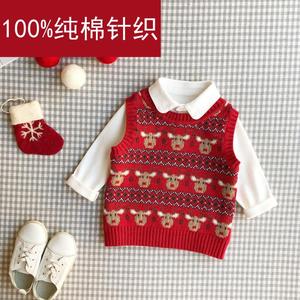 2023男童女童韩版纯棉套头新年红色圣诞马甲4儿童3岁宝宝针织衫潮
