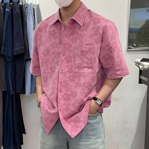 韩国男装代购直播DOT设计师洋气花朵纹理度假风高档宽松短袖衬衫
