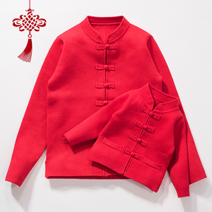 亲子装一家三口唐装红色中国风网红新年全家福服装冬装过年拜年服