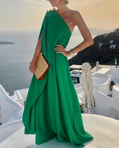 Solid Green One Shoulder Dress欧美度假风绿色单肩长款连衣裙女