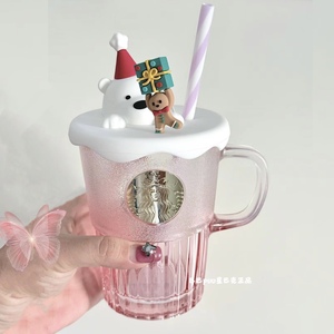 星巴克杯子2023新款圣诞萌宠梦幻粉色玻璃吸管杯女生圣诞礼物水杯