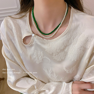新中式双层绿玉髓珍珠串珠项链女款2024新款高级感锁骨链颈链首饰