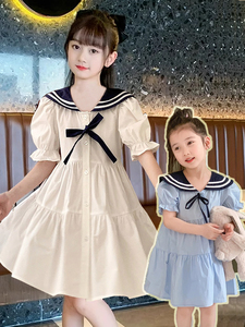女童连衣裙纯棉夏季白色儿童学院风海军领公主裙宝宝短袖夏装裙子