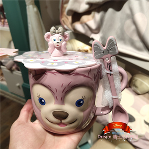 新款人气上海迪士尼可爱雪莉玫达菲带勺子马克杯子陶瓷杯防尘杯盖