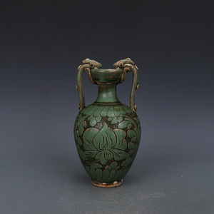 宋磁州窑雕刻绿釉缠子莲双龙瓶仿古瓷器玩摆件董老货物出土收藏品