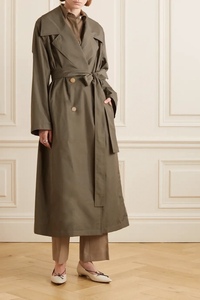 Th* row极简 设计感丝绸混纺宽松廓形苔藓绿长款双排扣束腰风衣女