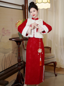 新中式红色拜年服改良旗袍夹棉马甲套装少女年轻款国风冬装小个子