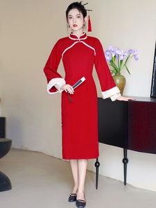 冬季过年红色改良旗袍拜年服中国风刺绣夹棉加厚马甲连衣裙套装女