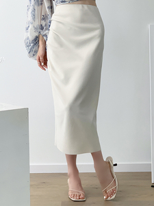 肯豆设计高腰半裙女夏中长款褶皱气质纯色开叉修身显瘦包臀半身裙
