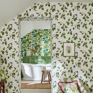 英国风格复古翠绿枝叶浆果树莓叶子植物背景墙纸壁纸墙布壁布壁画