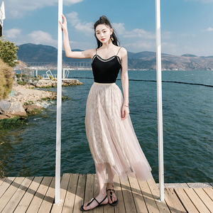 夏季女装普吉岛沙滩裙泰国修身显瘦纯色网纱半身裙长裙海边度假裙