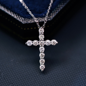 T家 18k白金50分天然钻石Au750钻石项链ins十字架锁骨链 毛衣链