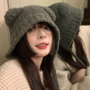 可爱小熊帽子女冬季韩版ins保暖灰色护耳帽秋冬针织毛线帽大头围