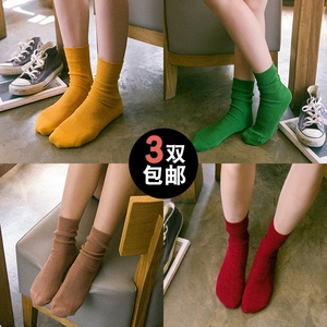 日韩版春秋冬堆堆袜女韩国纯色竖条复古学院风高筒中筒短靴棉袜子