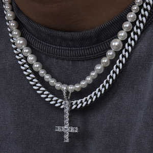 LUXTA原创 珍珠白色古巴链层叠项链十字架吊坠嘻哈男女锁骨毛衣链