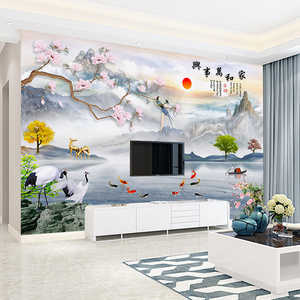 家和万事兴花鸟墙纸新中式墙布客厅电视背景墙壁纸壁布3D影视壁画