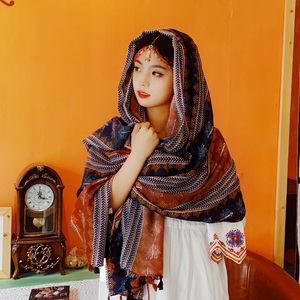 披肩茶卡盐湖民族风丝巾西藏沙漠旅游拍照防晒长款流苏薄款围巾女
