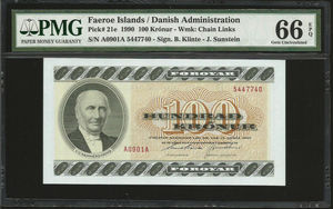 全新法罗群岛纸币100克朗1990年UNC素描风格Pick21e