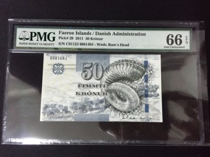 全新法罗群岛50克朗UNC纸币2011年水彩风格PMG66EPQ