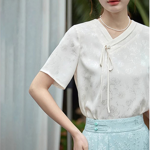 夏季国风交领斜襟设计短袖衬衫女2024新款纯色新中式提花独特上衣