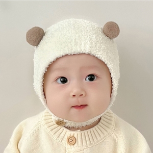 婴儿帽子秋冬款可爱毛球新生儿宝宝包脸帽超萌绒婴幼儿防风护耳帽