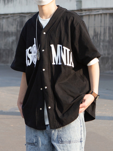 PIN美式街头hiphop嘻哈外套上衣刺绣棒球领短袖开衫宽松休闲男女