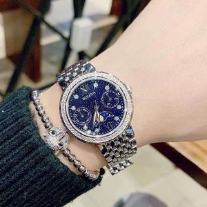 美国代购Bulova宝路华星空月相蓝色表盘镶钻气质石英女手表96R210