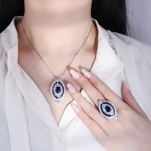高档设计师蓝色奥地利水晶幸运女神恶魔之眼项链椭圆戒指活口套装