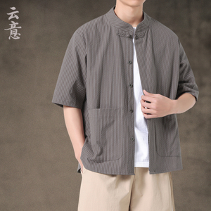 夏季新中式短袖衬衫男中国风立领唐装复古风青年条纹衬衣盘扣汉服