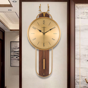 轻奢鹿头钟表挂钟客厅北欧创意家用时尚时钟新中式全铜大气挂墙表