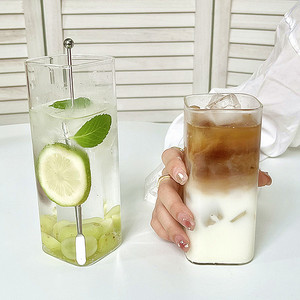 夏季冷饮杯长方形玻璃杯子家用喝水杯透明ins风咖啡牛奶杯四方杯