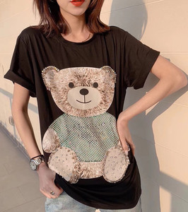 特价福利2024夏新款韩版时尚重工镶钻卡通小熊短袖T恤女洋气半袖