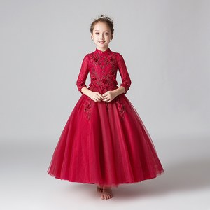 儿童礼服公主裙女童生日红色主持人小花童婚纱钢琴演出服长袖秋冬