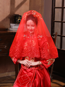 复古蕾丝红盖头新娘秀禾高级感半透明结婚用婚纱头纱红色婚礼求婚