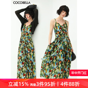 预售COCOBELLA油画风印花抽褶吊带连衣裙飘逸气质沙滩长裙FR565