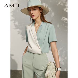 Amii女装旗舰几何拼色V领衬衫女高级感2024新款艾米直筒短袖衬衣