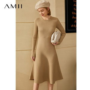 Amii女装旗舰秋季新款艾米修身长袖针织连衣裙女显瘦A字裙毛衣裙