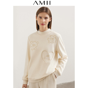 Amii2024秋季新款拼图爱心刺绣高级感超好看的卫衣女宽松加绒上衣