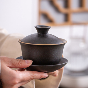 日式复古禅风黑陶泡茶盖碗三才盖碗功夫茶具粗陶盖碗茶杯家用茶碗