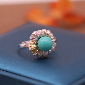 S925纯银戒指女款镶嵌蓝色绿松石戒子原创设计活口可调节时尚礼物