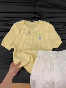 黄色刺绣爱心麻花短袖针织衫上衣女夏圆领T恤修身打底衫百搭上衣