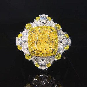 文欢珠宝 18K白金垫形钻石戒指2克拉黄钻项链时尚奢华钻戒两用款