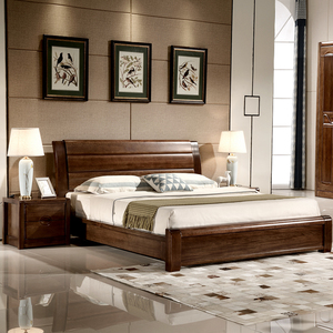 蚂蚁漫步胡桃木床全实木床1.8米双人床1.5米高箱气压婚床中式家具