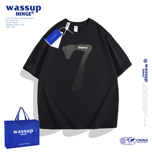 WASSUP HINGE断层数字7号短袖t恤男美式潮牌纯棉宽松体恤2024夏季