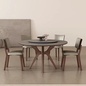 白蜡木实木圆形餐桌家用小户型现代简约轻奢岩板饭桌圆桌带转盘