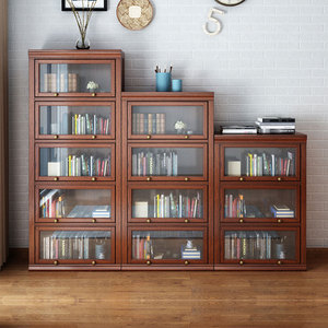 美式书柜防尘玻璃门展示柜客厅实木书架落地欧式书柜收纳储物组合