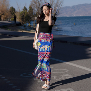 泰国大皇宫大象纱笼裙一片式半身裙围裙式包臀裹裙海边度假沙滩裙