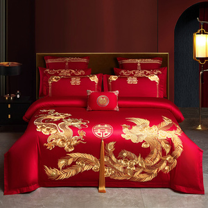 新中式大红色刺绣结婚喜被套全纯棉婚房床上用品婚庆四件套多件套