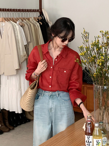 BRIVIN韩版长袖红色衬衫外套女2024春夏季新款休闲翻领设计感上衣